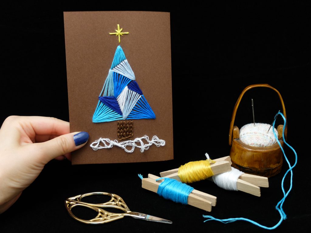 紙刺繍　雪の結晶　メッセージカード　刺繍糸